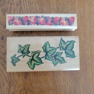 Wooden Rubber Stamps with Floral and Leaf Designs